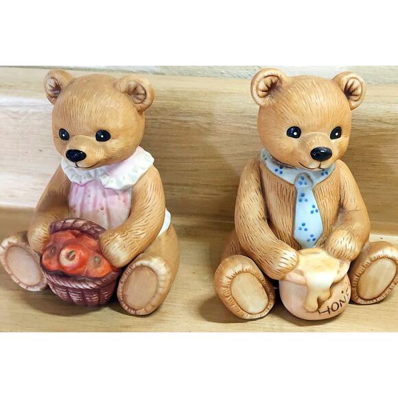 Homco Ceramic Bears #1405 Honeypot & Apples Girl & Boy Set See Pictures - Picture 1 of 11